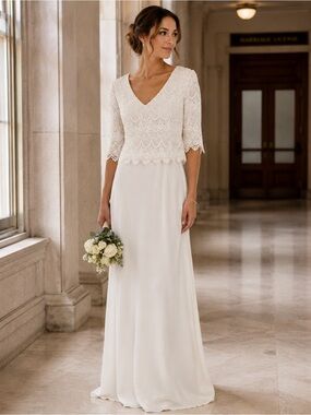 Ivory Lace Bodice V-Neck Wedding Dress with Elbow Sleeves